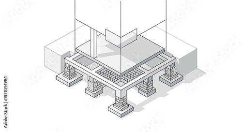 Isometric Technical Illustration of a Building Foundation Structure with Concrete Footings, Columns, and Grade Beams for Architectural Construction