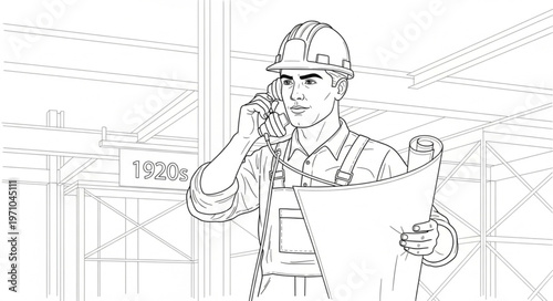 Construction worker on phone with blueprints at site.
