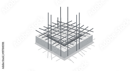 Isometric 3D Illustration of a Reinforced Concrete Foundation with Steel Rebar Mesh for Building Construction