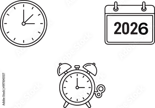 Time Management and Planning Icon Set with 2026 Calendar Clock and Alarm Vector