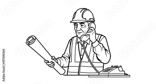 Construction worker on the phone with blueprints.