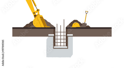 Construction Site Illustration Showing Excavator Digging Trench for Building Foundation with Concrete and Reinforcement Rebar