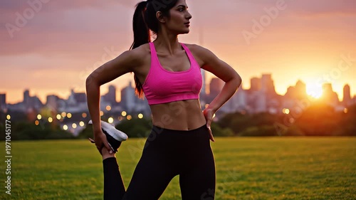 A fit young woman in a pink sports bra and black leggings stretches on a green grassy field at sunset with the New York City skyline and One World Trade Center in the background.