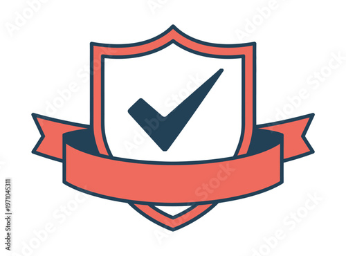 A shield with a checkmark and red ribbon on a white background