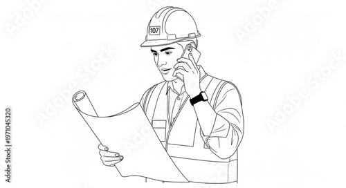 Construction worker reviewing blueprints and talking on a walkie-talkie.