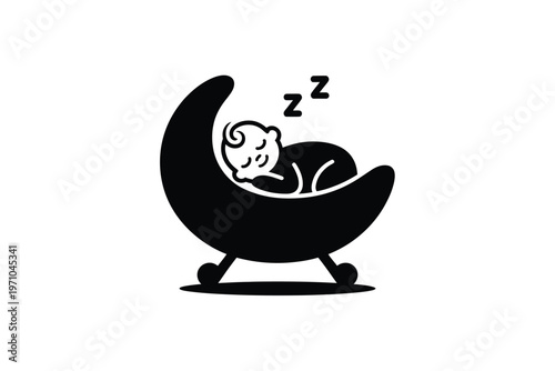 A baby sleeps peacefully in a crescent-shaped rocking cradle