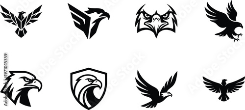 Eagle logo collection, 8 black bird of prey vector icons, majestic hawk and falcon silhouettes, predatory eagle head mascots for sports branding