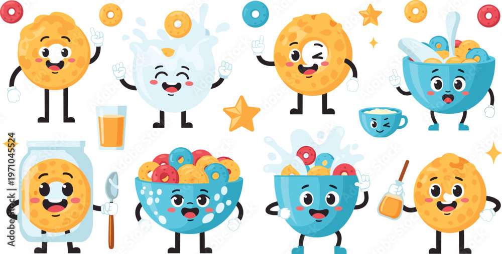 Obraz premium Cute Breakfast Characters Collection Featuring Cereal Bowls, Donuts, Milk and Honey with Funny Cartoon Faces for Kids Food Illustration Design