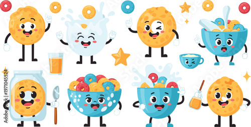 Cute Breakfast Characters Collection Featuring Cereal Bowls, Donuts, Milk and Honey with Funny Cartoon Faces for Kids Food Illustration Design