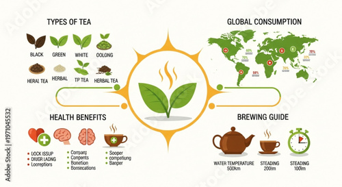 Tea infographic, types of tea, global consumption, brewing guide, health benefits vector