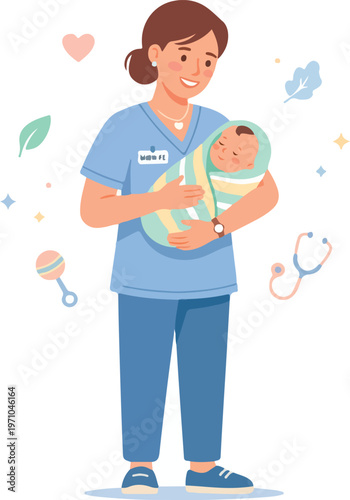 Nurse holding newborn baby close.