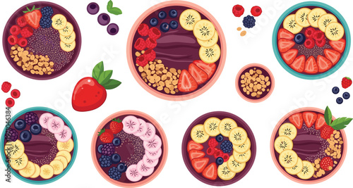 Colorful Smoothie Bowl Collection with Fresh Fruits, Berries, Banana Slices and Granola Toppings for Healthy Breakfast Food Illustration Design