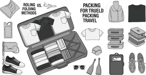Suitcase Packing Guide Infographic Showing Rolling vs Folding Clothes Methods with Travel Essentials Organization Tips for Efficient Luggage Space Saving