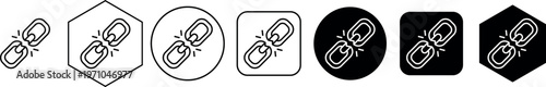 A collection of seven varied icons depicting a broken chain link symbol on white backgrounds