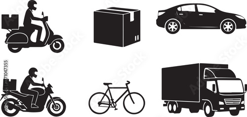 delivery courier package scooter box silhouette set black