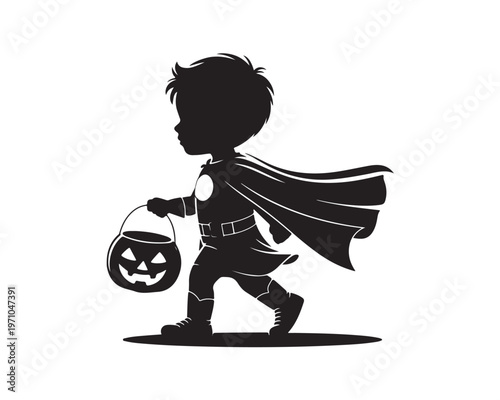 Silhouette of a young boy dressed as a superhero with a cape and mask holding a jack-o-lantern trick-or-treat bucket