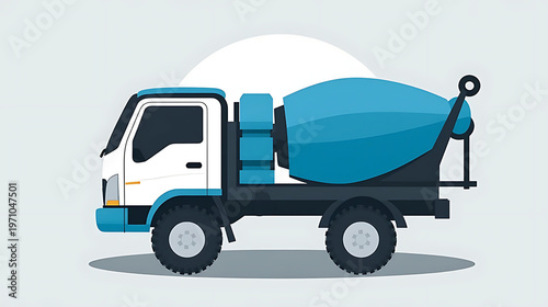 A cute blue and white cement mixer truck sits on a light gray background with a simple design
