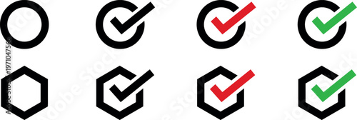 A collection of circular and hexagonal icons featuring black outlines and various check mark styles