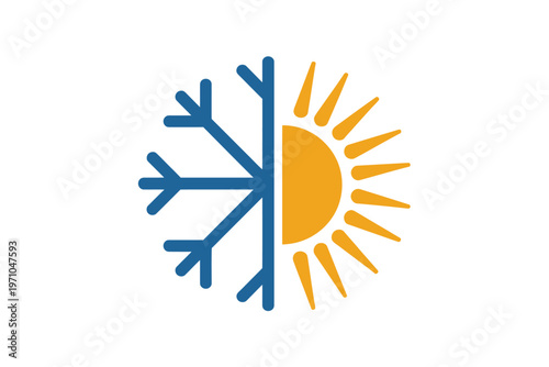 A graphic illustration of a sun and snowflake in a circular design