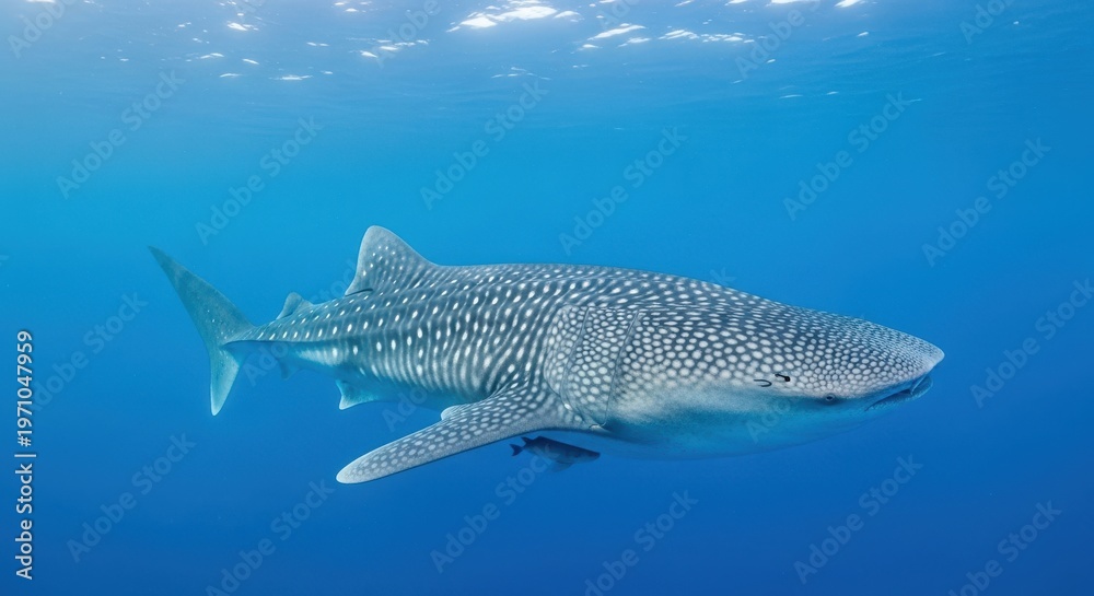 Naklejka premium Immense Whale Shark Gliding Through Deep Blue Ocean Waters
