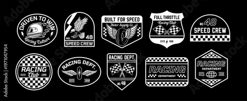 Racing badges vector set with motorsport logos, speed crew emblems, checkered flags, helmets, wings, and retro typography. Perfect for apparel, stickers, branding, and prints.