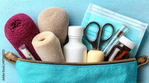 Medical first aid kit photography, a blue travel medical kit opened to reveal its contents including bandages, cream bottles, scissors, medicine vials, splinting gear, gauze pads, 