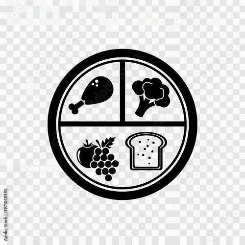 Healthy Plate Diagram: A simplified visual guide to balanced eating. Featuring representations of key food groups within a circular plate