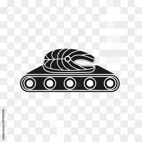 Fish Slice on Conveyor: A monochrome illustration of a salmon fillet placed meticulously on a rolling conveyor belt, reflecting the seamless processing within a culinary journey.