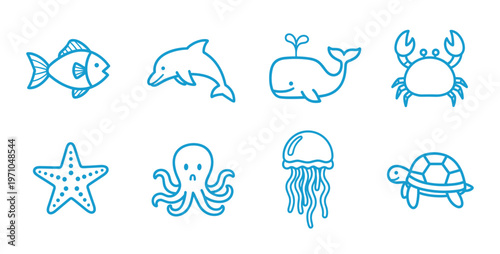 Cute Blue Outline Ocean Sea Creatures Icon Set — Fish Dolphin Whale Crab Starfish Octopus Jellyfish Turtle Vector