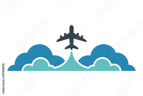 An airplane takes off into a vibrant blue cloudy sky