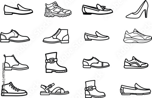 Collection of various shoe styles and designs for fashion and footwear concepts