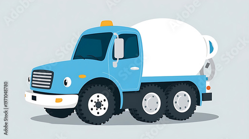 A cute blue and white cement mixer truck sits on a light gray background with a simple design
