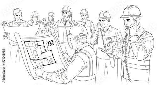 Construction workers reviewing blueprints on a site.