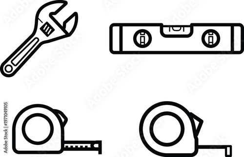 set of construction tools icons including wrench and tape measures