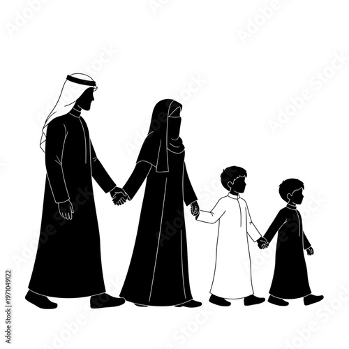 Arab family walking together holding hands.
