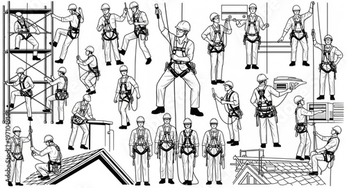 Construction workers safety harness and fall protection equipment illustrations.