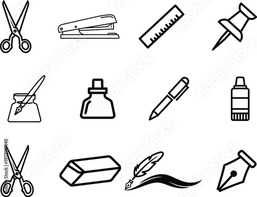 set of office and art supplies icons on white background