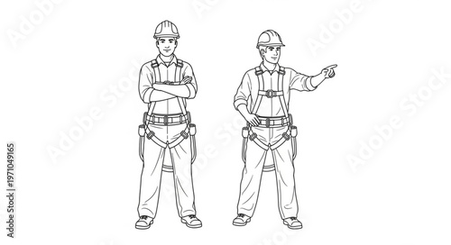 Construction Workers Safety Harness and Hard Hat Poses.