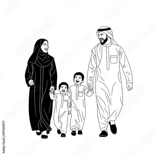 Arab Family Wearing Traditional Clothing Together.