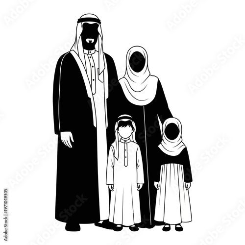 Arabian family in traditional attire standing.