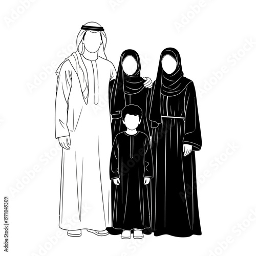 Arabian family in traditional attire standing.