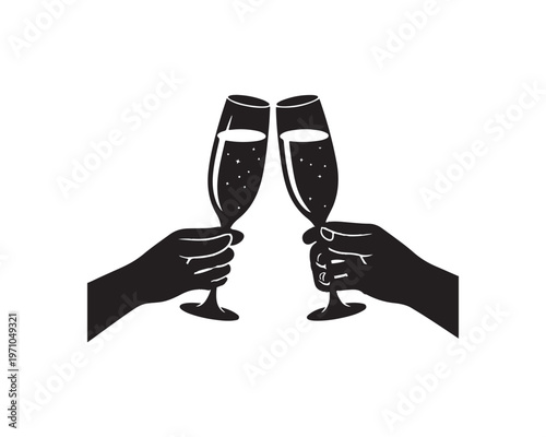 Silhouette of two hands holding champagne flutes with sparkling stars clinking together in a toast on a white