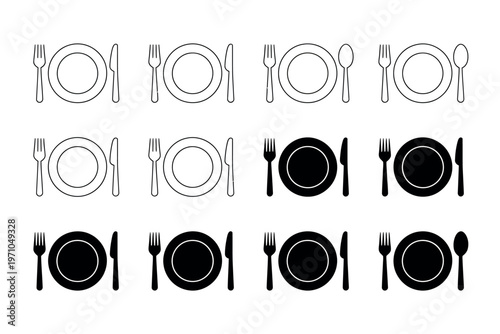 A set of black and white tableware icons on a plain background