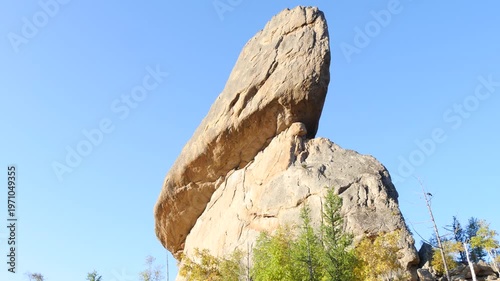 The Mongolian landscape. Picturesque rock in the shape of a large turtle on a background
of blue cloudless sky. The main attraction of the Gorkhi-Terelj National Park.