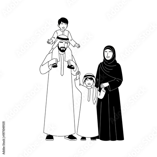 Arabian family in traditional clothing standing.