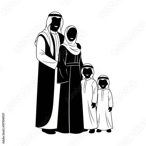 Arabian family in traditional clothing standing.