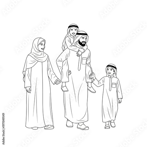 Arabian family in traditional clothing standing.