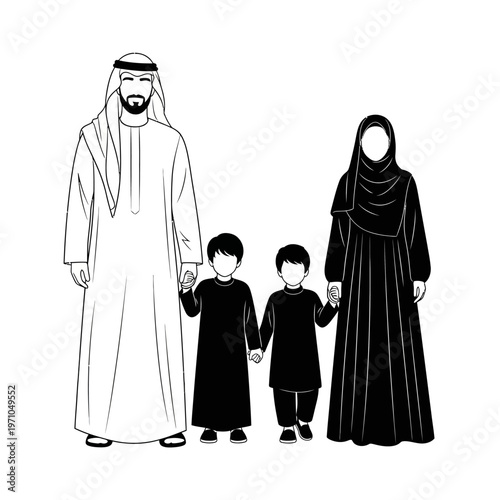 Arabian family in traditional clothing standing.