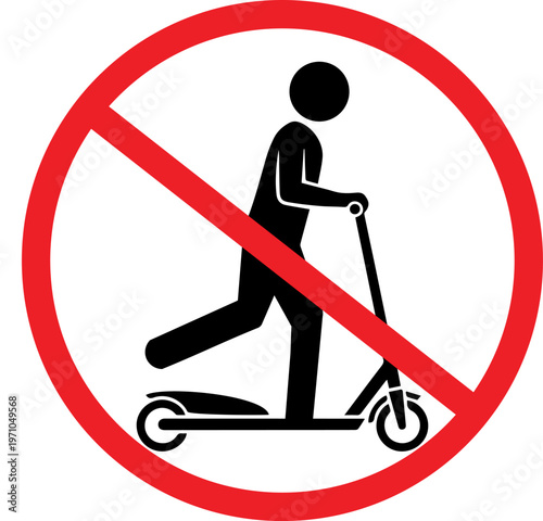 no kick scooter riding prohibited sign with person silhouette on manual scooter icon symbol