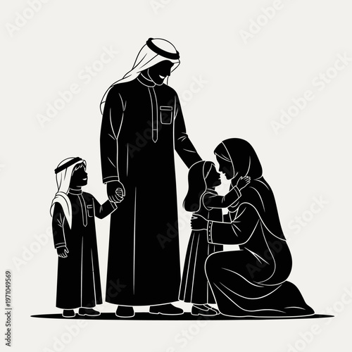 Arabian family in traditional clothing together.